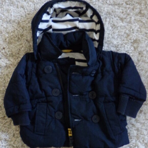 Baby GAP Unisex Navy Blue Striped Lining Peacoat Puffer Coat Sailor 0-6 Months - Picture 1 of 8